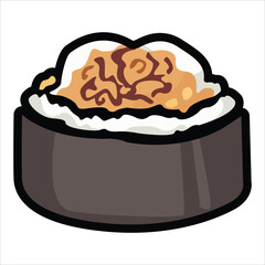 A collection of cute and colorful sushi icons in cartoon style. This vector set includes various maki rolls, nigiri, and Japanese seafood illustrations, perfect for menu design