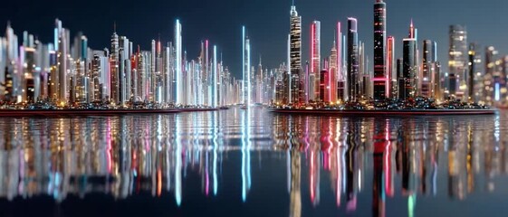 Luminous Cityscape Reflection: A modern cityscape with gleaming skyscrapers mirroring in tranquil waters, embodying progress and modernity.