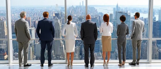 Urban Horizon Gaze: A group of business professionals stands by a panoramic window, taking in the breathtaking cityscape. The image shows the allure of city life, and the promise of success.