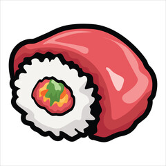 A collection of cute and colorful sushi icons in cartoon style. This vector set includes various maki rolls, nigiri, and Japanese seafood illustrations, perfect for menu design
