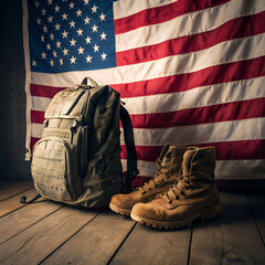 Military backpack and sturdy army boot placed on a wooden floor