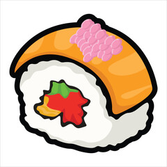 A collection of cute and colorful sushi icons in cartoon style. This vector set includes various maki rolls, nigiri, and Japanese seafood illustrations, perfect for menu design