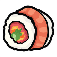 A collection of cute and colorful sushi icons in cartoon style. This vector set includes various maki rolls, nigiri, and Japanese seafood illustrations, perfect for menu design