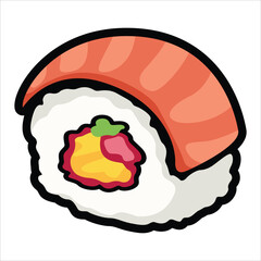 A collection of cute and colorful sushi icons in cartoon style. This vector set includes various maki rolls, nigiri, and Japanese seafood illustrations, perfect for menu design