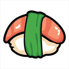A collection of cute and colorful sushi icons in cartoon style. This vector set includes various maki rolls, nigiri, and Japanese seafood illustrations, perfect for menu design