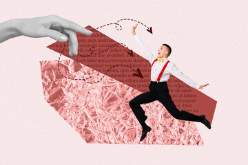 Contemporary image art collage of happy girl guy stand text piece arrow networking pointer message communication speech chat