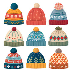Colorful knitted winter hats collection displayed on a clean background