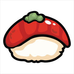 A collection of cute and colorful sushi icons in cartoon style. This vector set includes various maki rolls, nigiri, and Japanese seafood illustrations, perfect for menu design