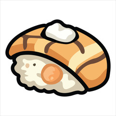 A collection of cute and colorful sushi icons in cartoon style. This vector set includes various maki rolls, nigiri, and Japanese seafood illustrations, perfect for menu design
