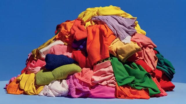 A vibrant pile of assorted colorful clothes stacked high against a clear blue background suggesting laundry day fashion stories and eco conscious lifestyle concepts with playful energy and t