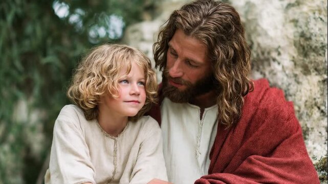 Tender scene of a bearded man comforting a young child in soft natural light evoking spiritual love compassion and timeless faith themed storytelling perfect for inspirational projects and e