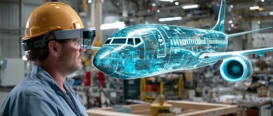 Engineer's Vision: An engineer, hard hat in place, gazes at an augmented reality overlay of an aircraft, demonstrating cutting-edge technology in aerospace engineering. - Powered by Adobe