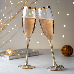 Two glittering champagne glasses clinking together