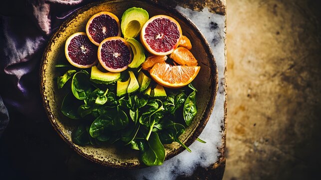 Plate of farm-fresh spinach with juicy grapefruit slices, avocado wedges, and sweet red onion. - Powered by Adobe