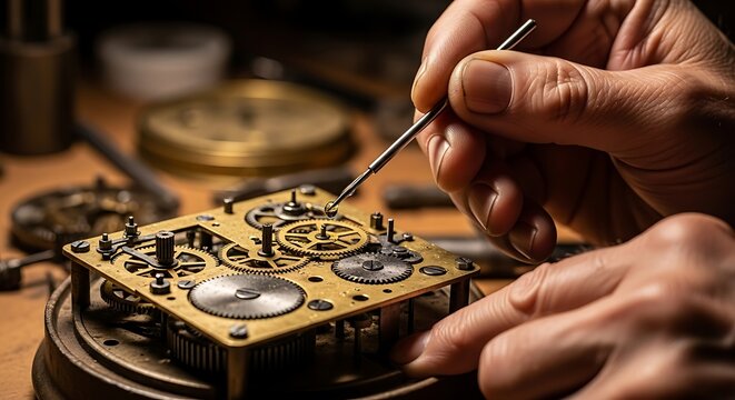 Expert hands assembling intricate clock mechanism, showcasing precision craftsmanship in watch repair and detailed mechanical work
