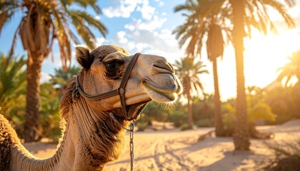 Close-up of camel head, sandy background with palm trees, sunny sky, warm lighting, horizontal composition