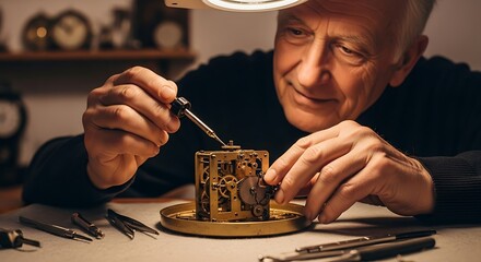 Master watchmaker's hands meticulously repairing an intricate antique clock mechanism, highlighting skilled craftsmanship and precision work under ...