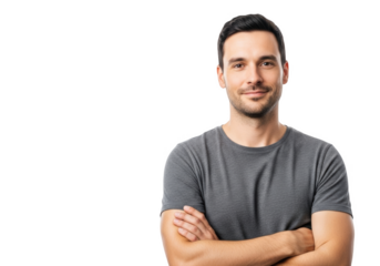 A man with short dark hair and a beard wearing a gray t-shirt, crossed arms, looking directly at the viewer, arm, cross, gray, man, portrait, pose, shirt, smile, stand 