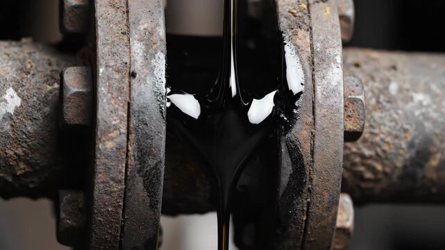 Dark Liquid Leaks From Rusty Metal Industrial Pipe Connection