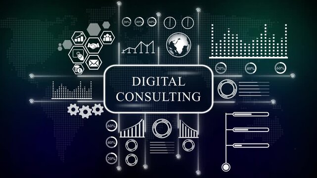 Digital Consulting Infographic with Global Network and Data Visualization. world map, Internet infrastructure concept map Abstract technology background