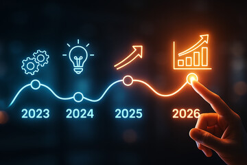 hand pointing to the growing chart at 2026 on a colorful business timeline from 2023 showing success growth and future development strategy