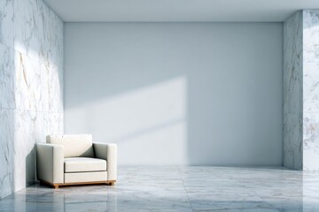 Minimalist room interior features a single light colored armchair against white walls and marble surfaces