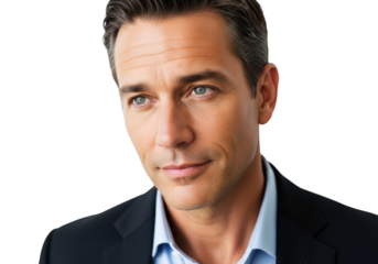A professional headshot of a man in a black suit and light blue shirt, actor, blue, business suit, eye, face, man, portrait, pose, stare, suit, tie, wear 