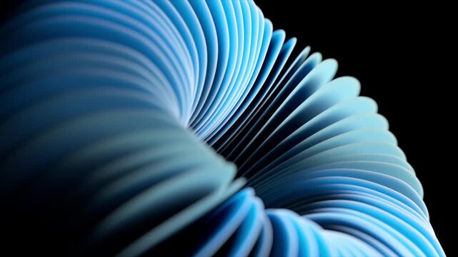 Elegant blue abstract circular shape with smooth wavy layers moving hypnotically against a solid black background, creating a serene and captivating seamless loop for presentations and visuals