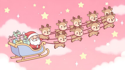 Fototapeta premium Santa Claus and Reindeer Flying Through a Pink Sky Delivering Christmas Gifts