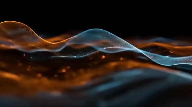 Abstract flowing forms in blue and orange with dark background