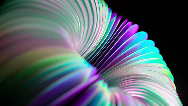 Futuristic abstract iridescent object with vibrant colors rippling and twisting in a seamless loop animation against a solid black background, showcasing a modern and dynamic design