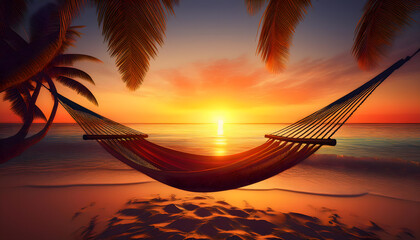 Hammock on a tropical beach at sunset, surrounded by palm trees, peaceful and relaxing scene