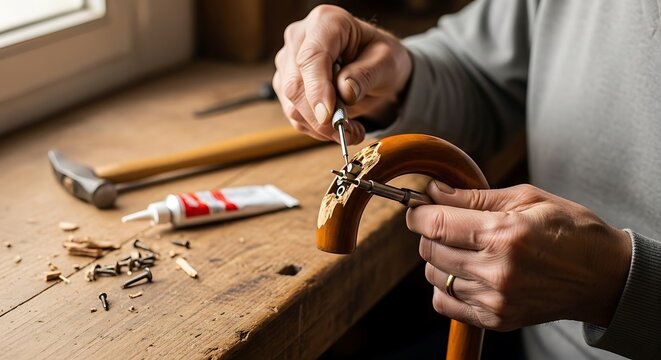 Skilled Hands Meticulously Repairing a Broken Wooden Handle with Traditional Tools and Glue on a Rustic Workbench, Showcasing Craftsmanship and DIY...