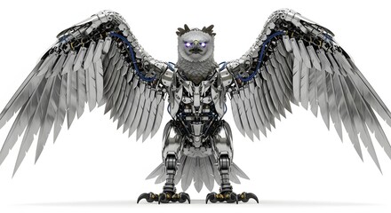 Mechanical griffin with outstretched wings isolated on white background
