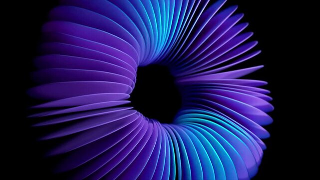 Futuristic abstract design element with rotating purple and blue layers forming a vibrant, dynamic ring shape, perfect for modern motion graphics, backgrounds, and visual presentations
