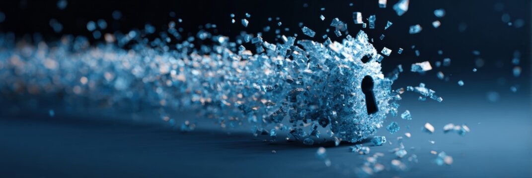 Digital Lock Shatters Into Binary Fragments Illustrating Online Security Breach During Modern Espionage