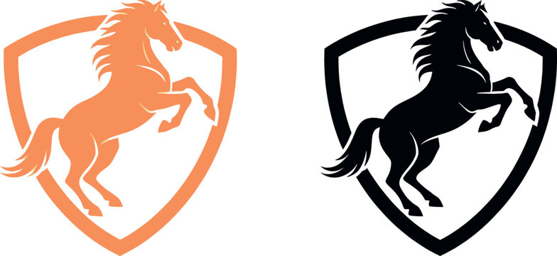 Dynamic rearing horse in shield logo design, powerful equestrian emblem in orange and black, majestic stallion vector illustration