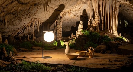 Illuminated Elegance - A Modern Lamp in a Natural Cave Setting.
