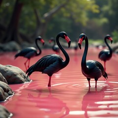 Black flamingo rendezvous at Crimson Lake Eden Generative AI
