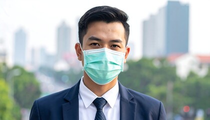 Young man in a suit wears a medical mask; city in background with greenery and buildings; focus on masked individual