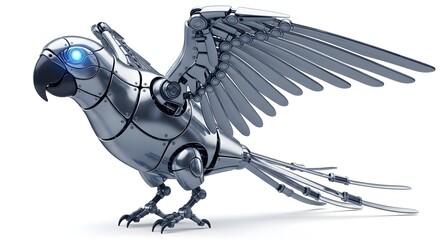Futuristic metallic parrot with open wings isolated on white background
