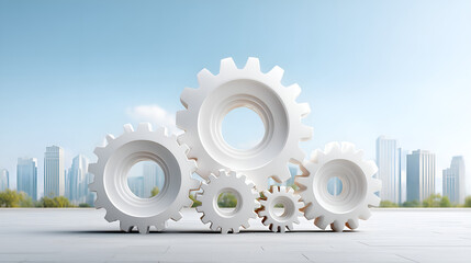 Modern gear system symbolizing teamwork and innovation against a city skyline, perfect for engineering, technology, or business concepts and strategic solutions