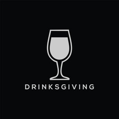 Drinksgiving Wine Glass Logo on Black, Minimalist 'DRINKSGIVING' Text and Wine Glass Icon, DRINKSGIVING Logo, Black Background Logo with White Wine Glass and Text.