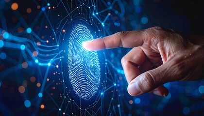 A hand touches a glowing fingerprint hologram, surrounded by network lines and bokeh lights against a dark background