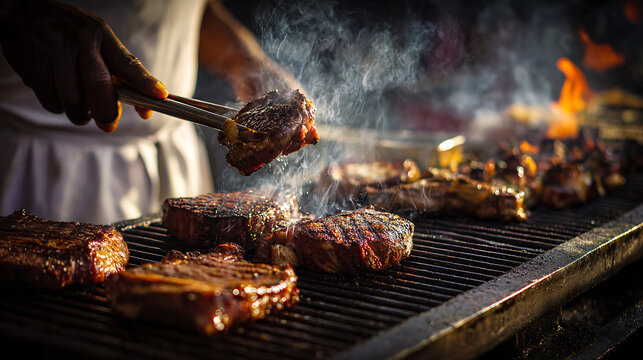 View of a cook tossing steak on a smoking barbeque grill (1) - Powered by Adobe
