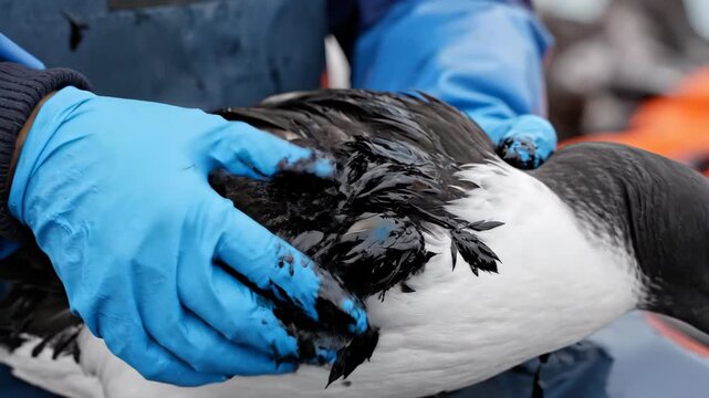 Person Cleans Oil From a Common Murre's Feathers on a Boat