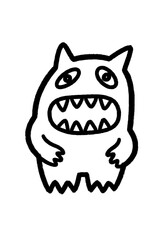 Simple hand-drawn cartoon doodle of a cute/scary monster character. Big eyes, wide-open mouth, jagged sharp teeth. Perfect for children's books/spooky Halloween projects. Isolated on white.