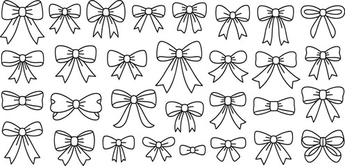 Bow icon set, black-and-white ribbon styles, decorative hand-drawn silhouette design, fashion embellishment illustration, graphic accessory element