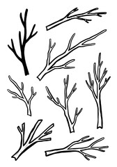 Naklejka premium Artistic hand drawn black ink collection of various bare tree branches and dry wooden twigs, perfect for adding rustic winter forest elements, nature silhouettes, or seasonal holiday design decoration