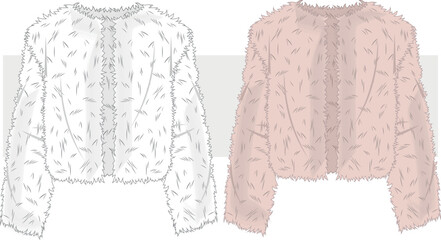 Faux fur women jacket fashion technical drawing, illustration. Stylish Fur Coat vector. Front view, CAD, Mockup.